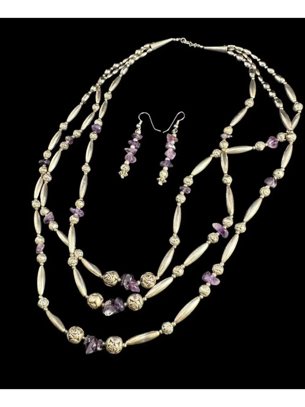 Jewelry Set Sterling Silver Amethyst Three Strand Necklace Dangle Earrings